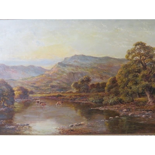 516 - Henry Cooper 1906 - 
A pair of framed oils on canvas river landscape scenes, with cattle watering an... 