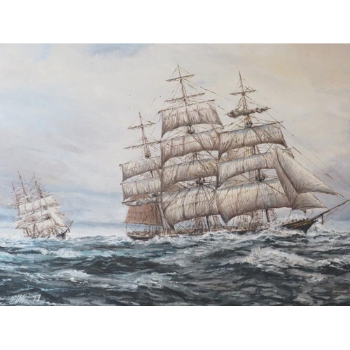 518 - An unframed oil on canvas, two ships in full sail on choppy seas, signed indistinctly lower left, da... 