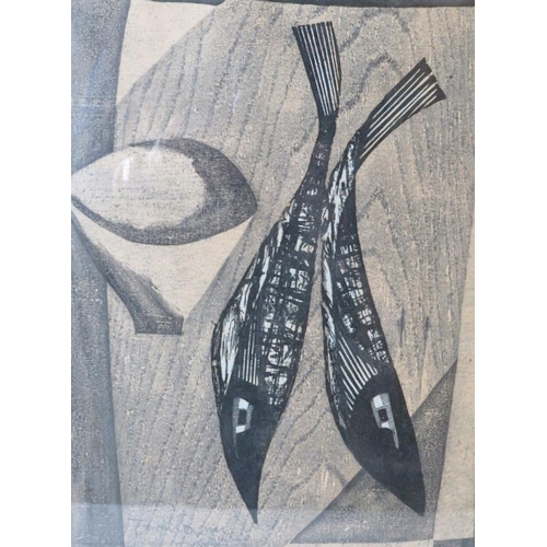 520 - Shima Tamami 1937 -1999, framed and glazed Japanese woodblock print, fish on a table. Signed lower l... 