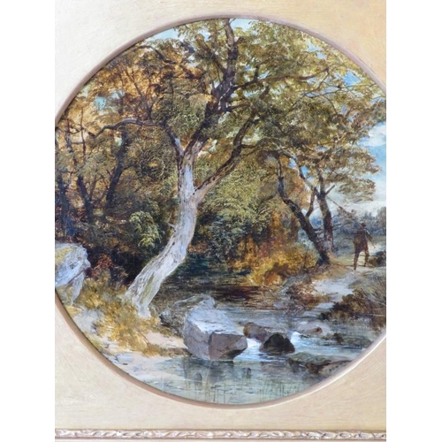 521 - A 19th Century gilt framed round oil on canvas country scene with a fisherman by a river, ensigned.
... 