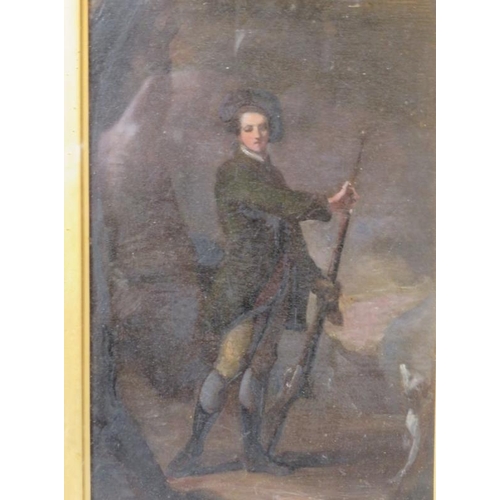 526 - An early 20th Century framed and glazed oil on board, 18th Century huntsman with his dog and rifle. ... 