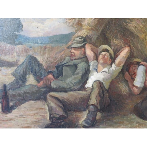 539 - A 20th Century framed oil on canvas. Resting after working in the field.  Unsigned. 48cm x 55cm appr... 