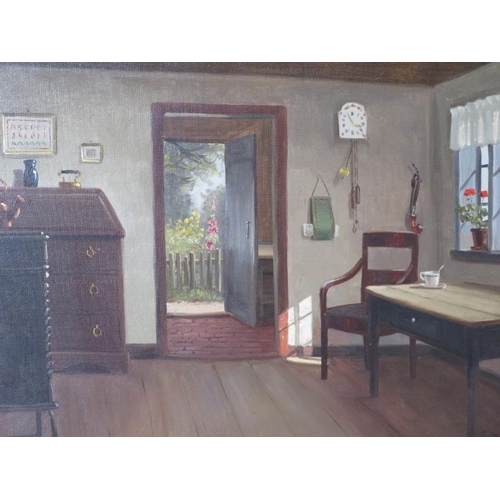 540 - J DM Fischer. Framed oil on canvas, interior scene with period furniture. Signed lower right. 36cm x... 