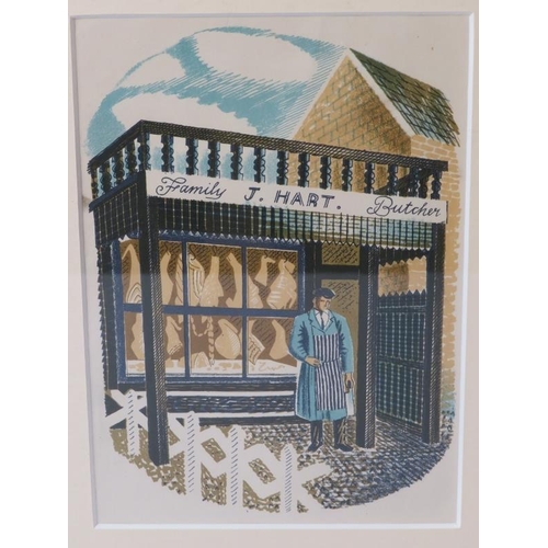 551 - Eric Ravilious 1903-1942. Framed and glazed coloured lithograph. High Street 'Butchers' 18cm x 13cm ... 