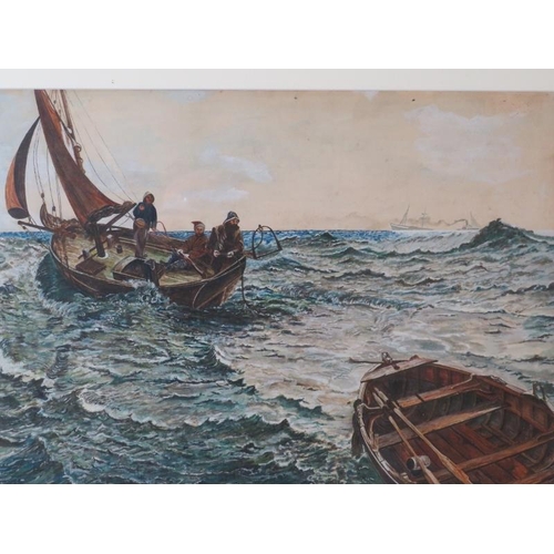 554 - Mowbray 19th/20th Century framed and glazed watercolour.  Fishermen in choppy seas with steamship in... 