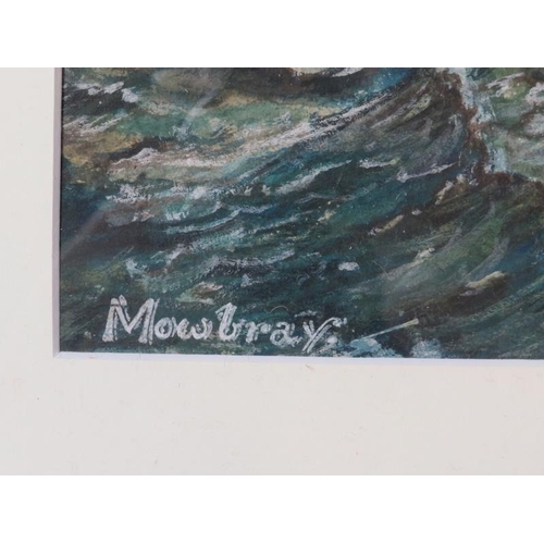 554 - Mowbray 19th/20th Century framed and glazed watercolour.  Fishermen in choppy seas with steamship in... 