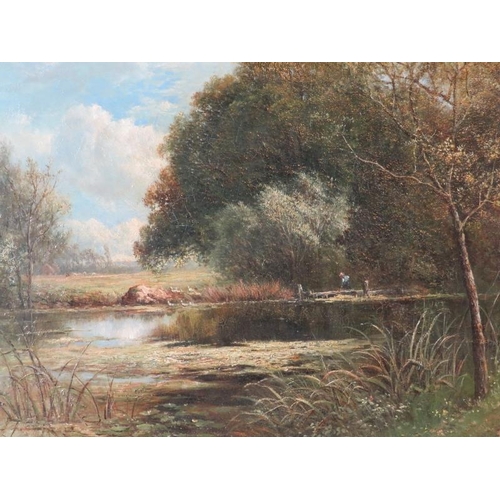 563 - J Thors (Joseph 1835-1920) framed oil on canvas. Figure by a river 'Guildford Surrey' signed J Thors... 