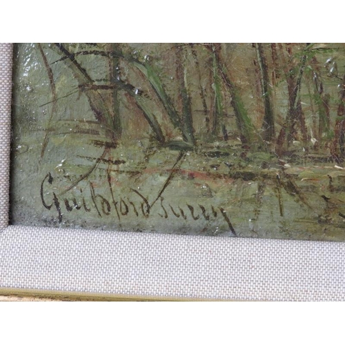 563 - J Thors (Joseph 1835-1920) framed oil on canvas. Figure by a river 'Guildford Surrey' signed J Thors... 