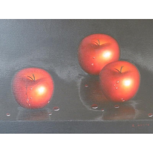 564 - K Mason 20th Century framed oil on canvas. Still life of Three Apples, signed K Mason lower right. 5... 