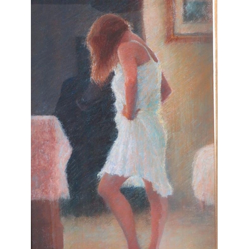 566 - Framed and glazed pastel study of a lady in a cream dress, signed indistinctly lower right. 75cm x 3... 