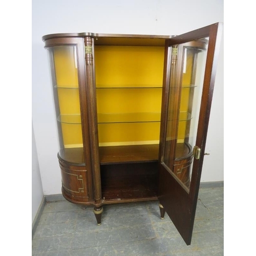 707 - A vintage French mahogany gilt metal mounted bow-fronted vitrine/display cabinet, the mustard fabric... 