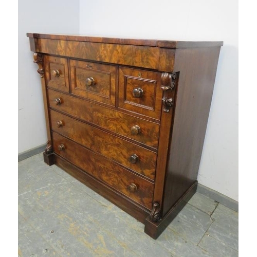 713 - A good 19th century flame mahogany reverse breakfront Scottish chest, housing a long blind drawer ab... 