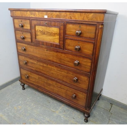 715 - A good late Georgian mahogany Scottish chest, with flame mahogany frieze and central hat drawer, fla... 