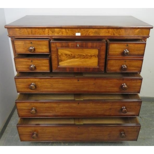 715 - A good late Georgian mahogany Scottish chest, with flame mahogany frieze and central hat drawer, fla... 