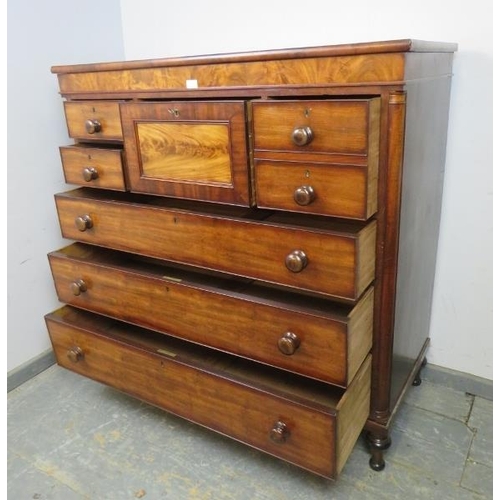 715 - A good late Georgian mahogany Scottish chest, with flame mahogany frieze and central hat drawer, fla... 