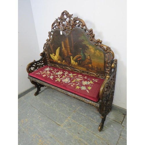 716 - A 19th century Italian Baroque Revival settle, the backrest hand-painted with a tableau depicting va... 