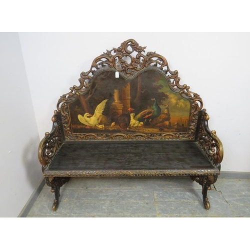 716 - A 19th century Italian Baroque Revival settle, the backrest hand-painted with a tableau depicting va... 