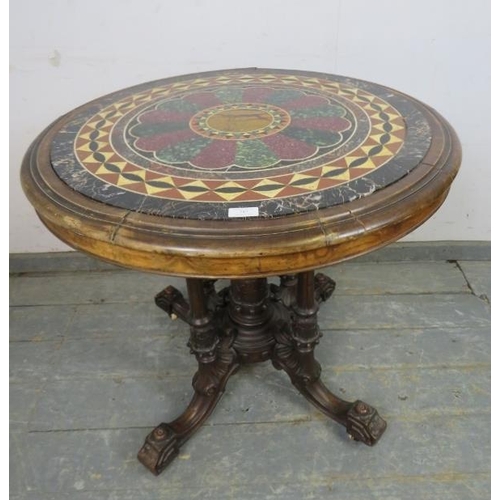 717 - A fine 19th century walnut specimen marble table, the circular top with profuse marble inlay, above ... 