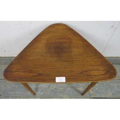 735 - A mid-century teak wine table, the triangular chamfered top on turned supports. 
H44cm W48cm D35cm a... 