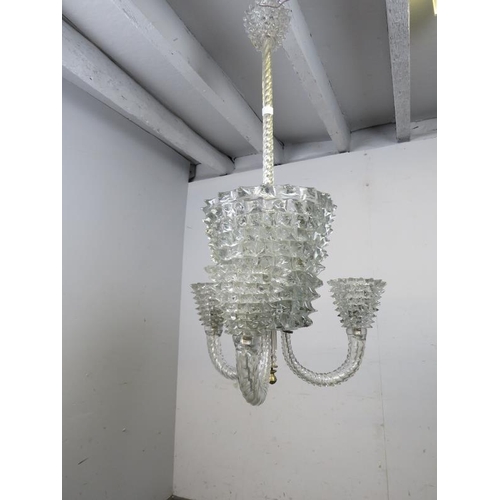 751 - A 1930s ‘Rostrato’ Murano glass three-branch chandelier by Barovier & Toso. Accepts five screw type ... 