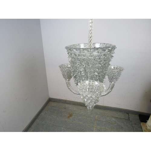 751 - A 1930s ‘Rostrato’ Murano glass three-branch chandelier by Barovier & Toso. Accepts five screw type ... 