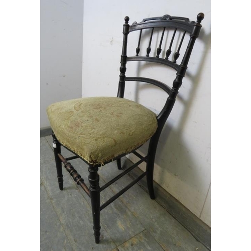 763 - A Napoleon III ebonised side chair, the curved back with ball finials and turned spindles, retaining... 