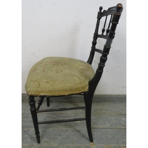 763 - A Napoleon III ebonised side chair, the curved back with ball finials and turned spindles, retaining... 