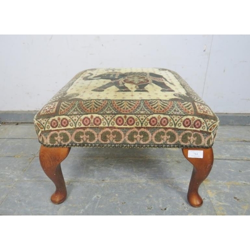 784 - A vintage square footstool by Stuart Jones, the tapestry top depicting an Indian elephant, on cabrio... 