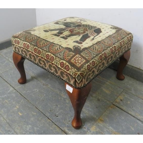 784 - A vintage square footstool by Stuart Jones, the tapestry top depicting an Indian elephant, on cabrio... 