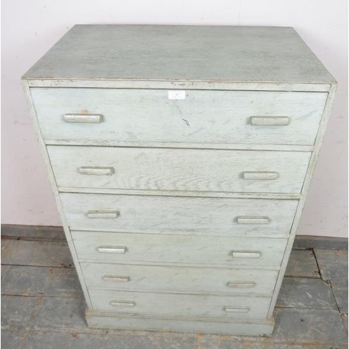 787 - A 1930s narrow oak chest of six long oak-lined drawers with bar handles, painted in a teal wash, on ... 