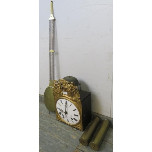 809 - A 19th century French comtoise 8-day wall clock, the repousse cornice modelled as a traditional scen... 