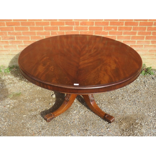 814 - A Victorian flame mahogany tilt-top circular breakfast table, on a turned pedestal with acanthus car... 