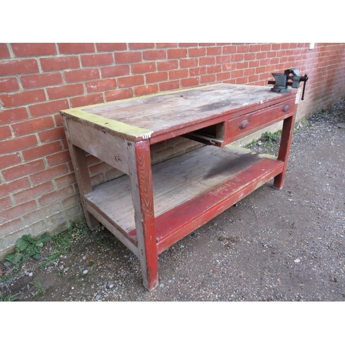 820 - An antique pine painted work bench, with vice fitted and housing one long drawer with scalloped hand... 