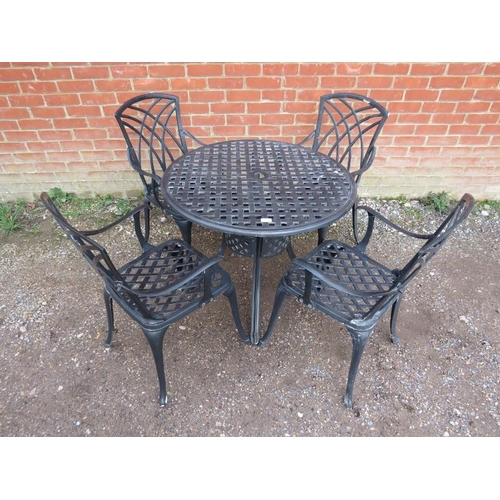 821 - A cast aluminium garden set painted grey, comprising a circular table with lattice top together with... 