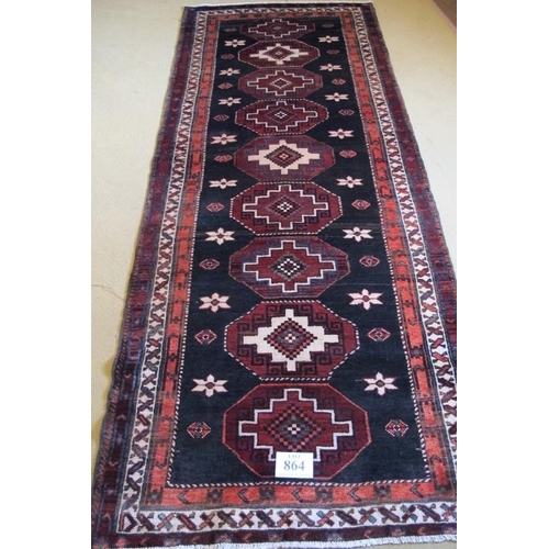 864 - North East Persian Kurdie runner, nine interlocking central motifs with styalised flowers. 280cm x 1... 