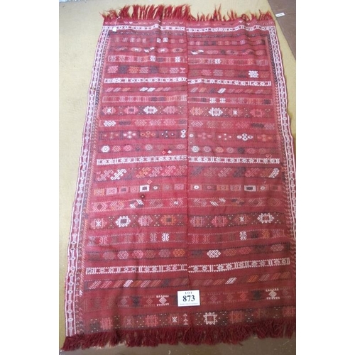 873 - A Turkish Mahala rug made in two sections. Cream on pale red ground. 220cm x 120cm approx.
Condition... 