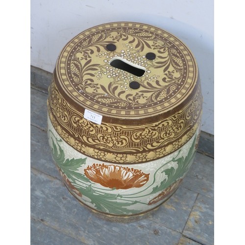 711 - A 19th century ceramic barrel form garden seat by Minton, decorated in the William Morris style with... 