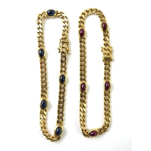 A pair of precious yellow metal bracelets one collet set with rubies ...