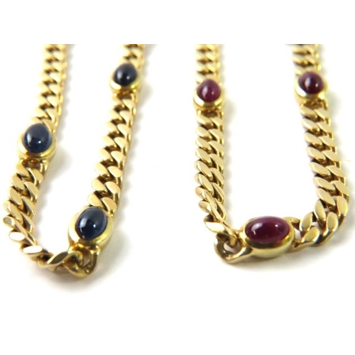 A pair of precious yellow metal bracelets one collet set with rubies ...