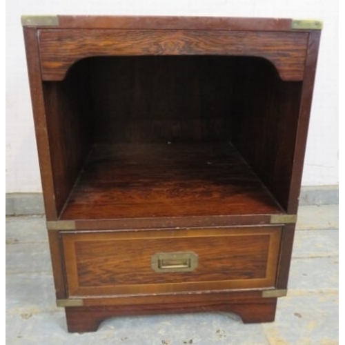 712 - A 20th Century rosewood campaign style bedside cabinet with open shelf above a single drawer.  H61cm... 