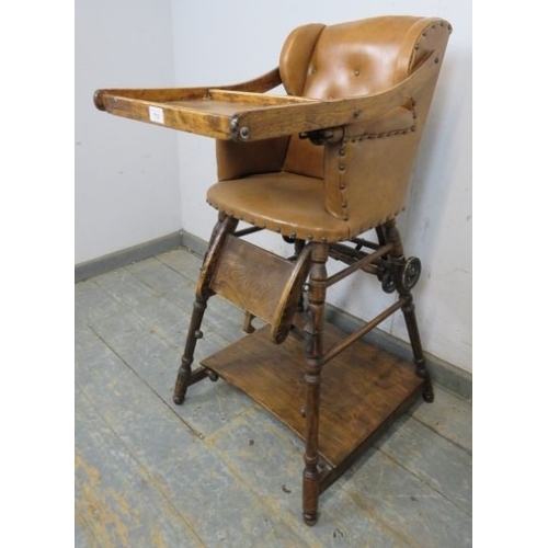 713 - C1900 Child's metamorphic high chair with a tan leatherette upholstered seat over turned legs.  H93c... 