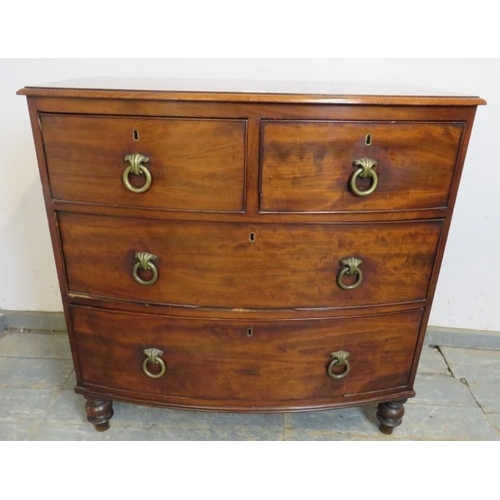754 - Georgian mahogany bow fronted chest of drawers with two short over two long drawers, brass ring hand... 