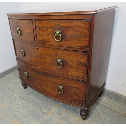 754 - Georgian mahogany bow fronted chest of drawers with two short over two long drawers, brass ring hand... 