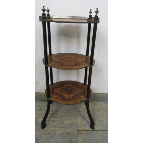 763 - A three tier French Regency period inlaid marquetry whatnot with a brass gallery rail to top and fin... 