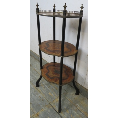 763 - A three tier French Regency period inlaid marquetry whatnot with a brass gallery rail to top and fin... 