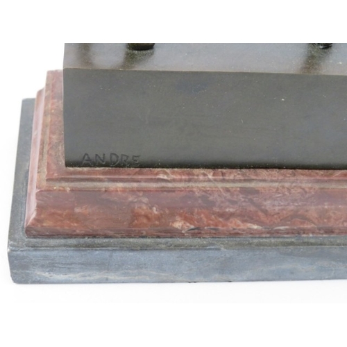 24 - A bronze horse statue, signed ‘Andre’, 20th century. Mounted on a red and black marble base. 21.7 cm... 