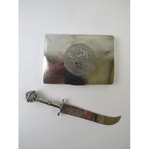 317 - A Sudanese white metal cigarette case with Islamic script decoration, 8cm x 11cm, and a similar scim... 