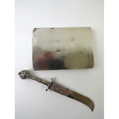 317 - A Sudanese white metal cigarette case with Islamic script decoration, 8cm x 11cm, and a similar scim... 