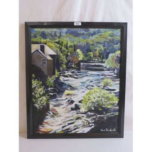 517 - Kim Roskell.  20th/21st Century framed acrylic on canvas.  Rough Water at Llangollen, Wales.  Purcha... 