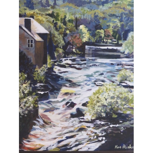 517 - Kim Roskell.  20th/21st Century framed acrylic on canvas.  Rough Water at Llangollen, Wales.  Purcha... 